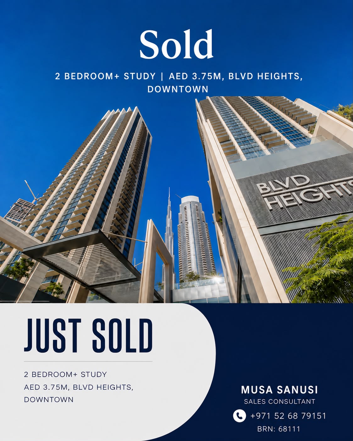 Just sold two bedroom plus study BLVD Heights Downtown AED 3.75M